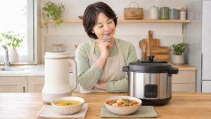 自動調理ポットと電気圧力鍋を比較する50代女性