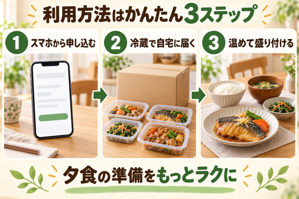 シェフの無添つくりおきの利用方法を3ステップで紹介した画像