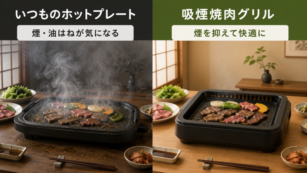 通常のホットプレートと吸煙焼肉グリルの煙の違いを比較