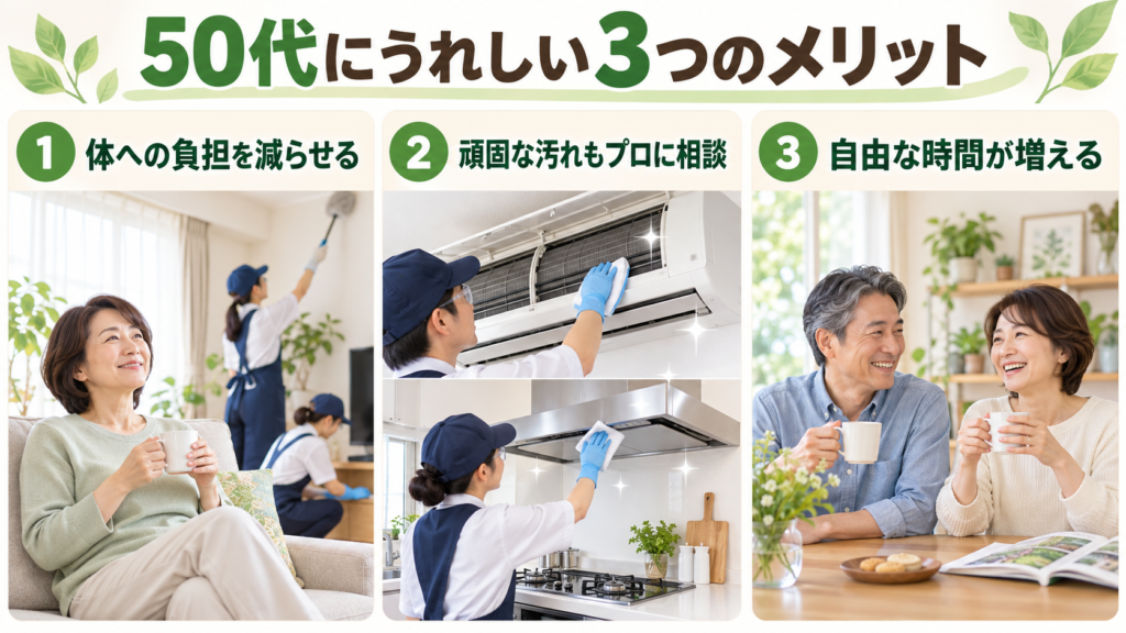 体への負担軽減・頑固な汚れの掃除・自由な時間を示したハウスクリーニングの3つのメリット