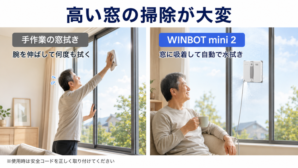 手作業の窓拭きとECOVACS WINBOT mini 2による自動水拭きの比較