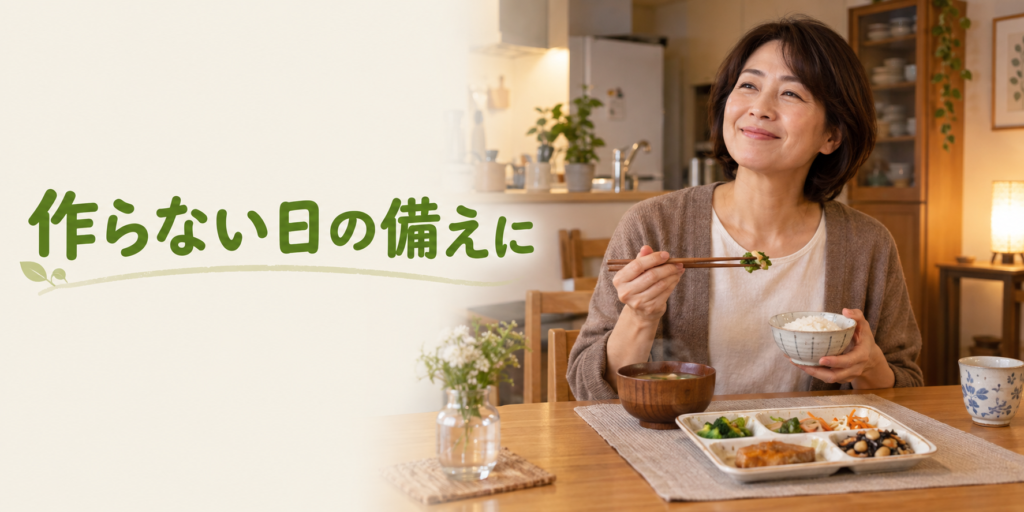 冷凍おかずを使って食事を楽しむ50代女性