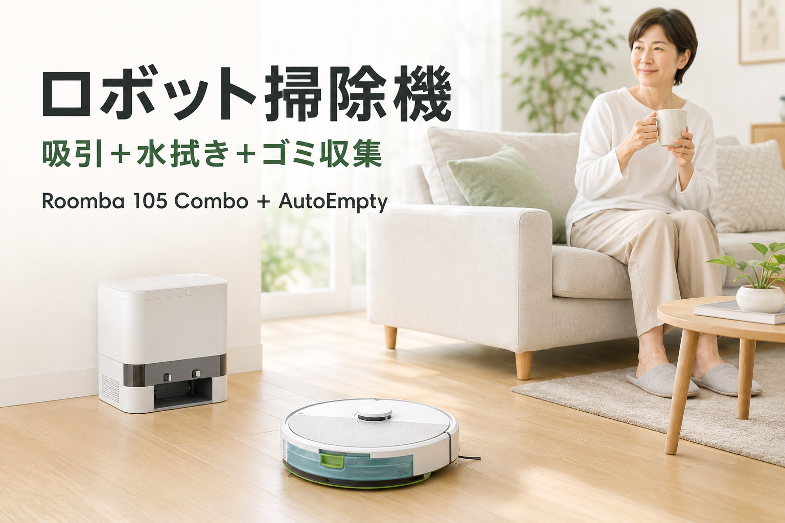 Roomba 105 Combo AutoEmptyが床を掃除する間にくつろぐ50代女性
