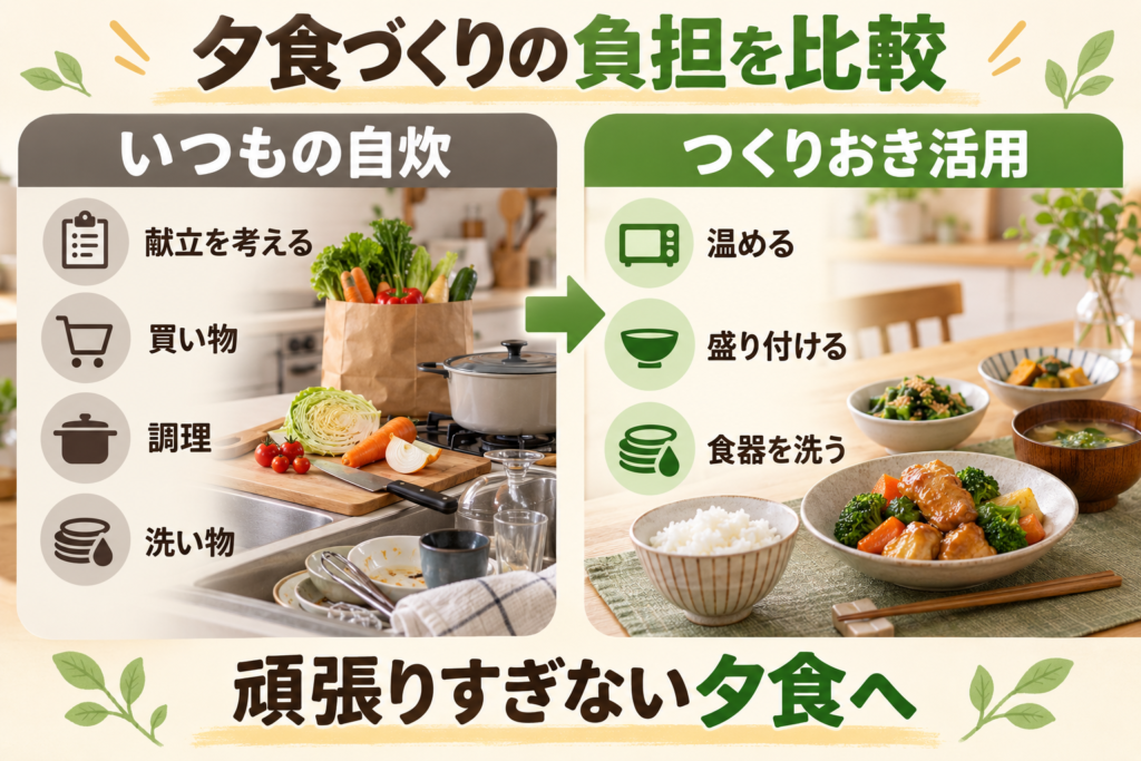 夕食づくりの負担を自炊とつくりおき活用で比較した画像