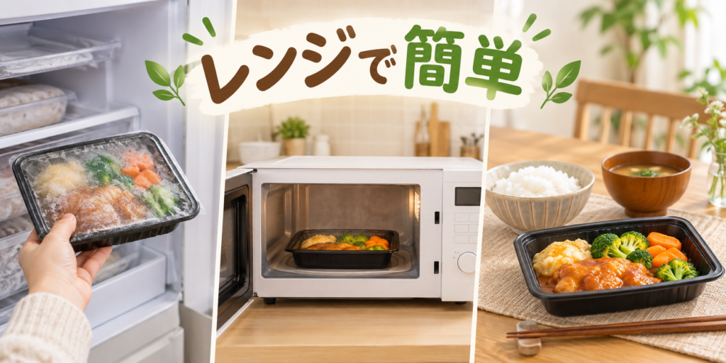 冷凍おかずを冷凍庫から取り出して電子レンジで温める流れ