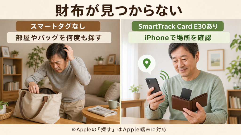 Anker Eufy SmartTrack Card E30の有無による財布の探し方の比較
