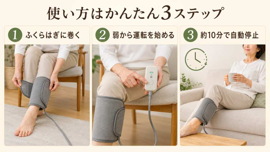 ゴリラのひとつかみをふくらはぎに巻いて使用する3つの手順