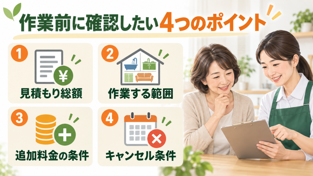 見積もり総額・作業範囲・追加料金・キャンセル条件の確認項目
