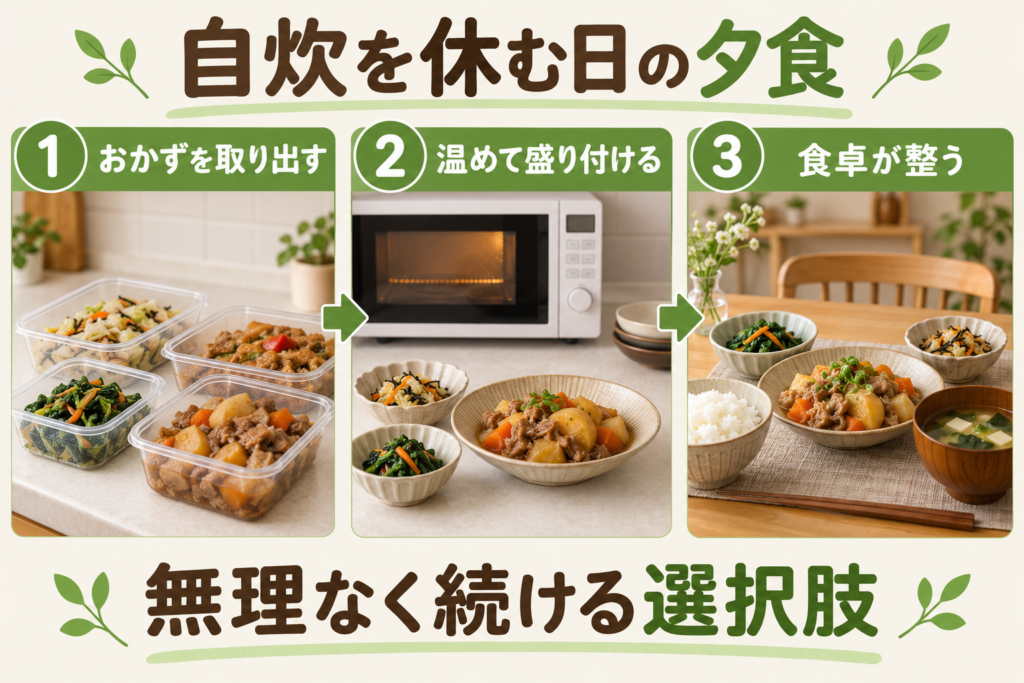 宅配のおかずを使い、自炊を休む日の夕食を3ステップで紹介した画像
