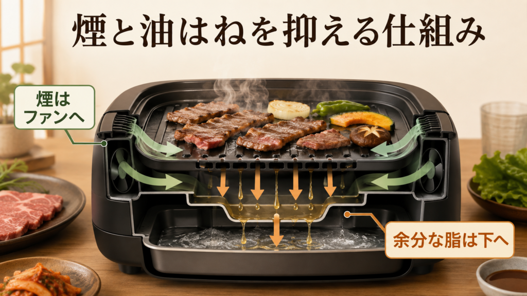 吸煙焼肉グリルが煙をファンで吸い余分な脂を下へ落とす仕組み
