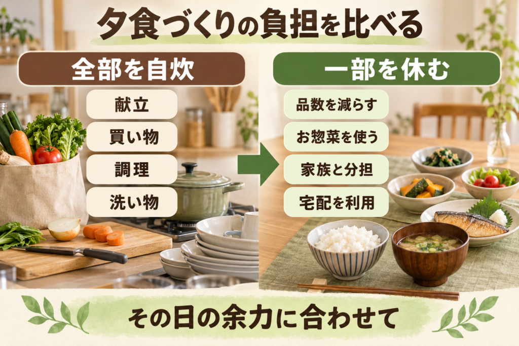 夕食づくりの負担を全部自炊と一部を休む場合で比較した画像