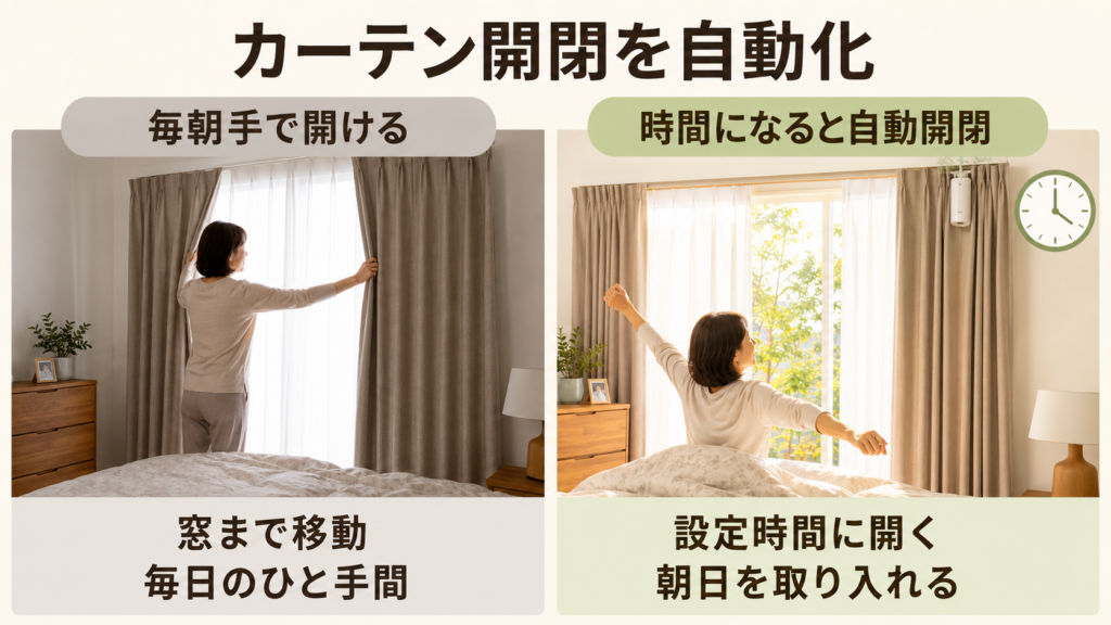 毎朝手でカーテンを開ける場合と設定時間に自動開閉する場合の比較