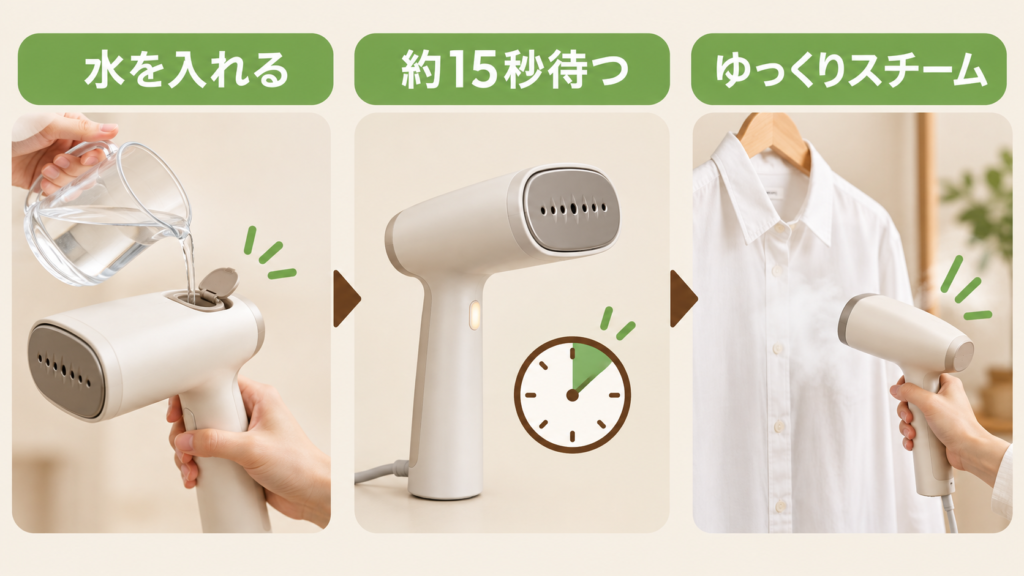 衣類スチーマーの水入れからスチームまでの使い方3ステップ