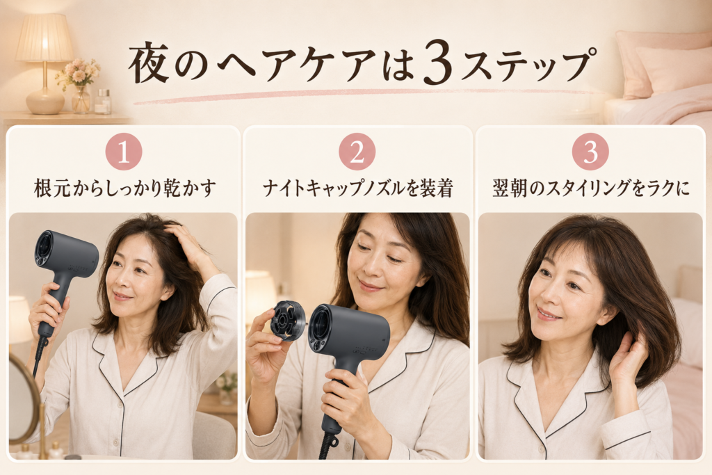 パナソニック EH-NA0Kを使った夜のヘアケア3ステップ