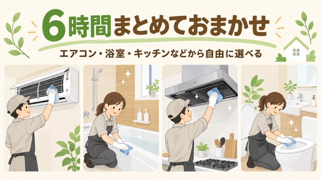 エアコン・浴室・キッチンなどを6時間まとめてプロに任せるイメージ