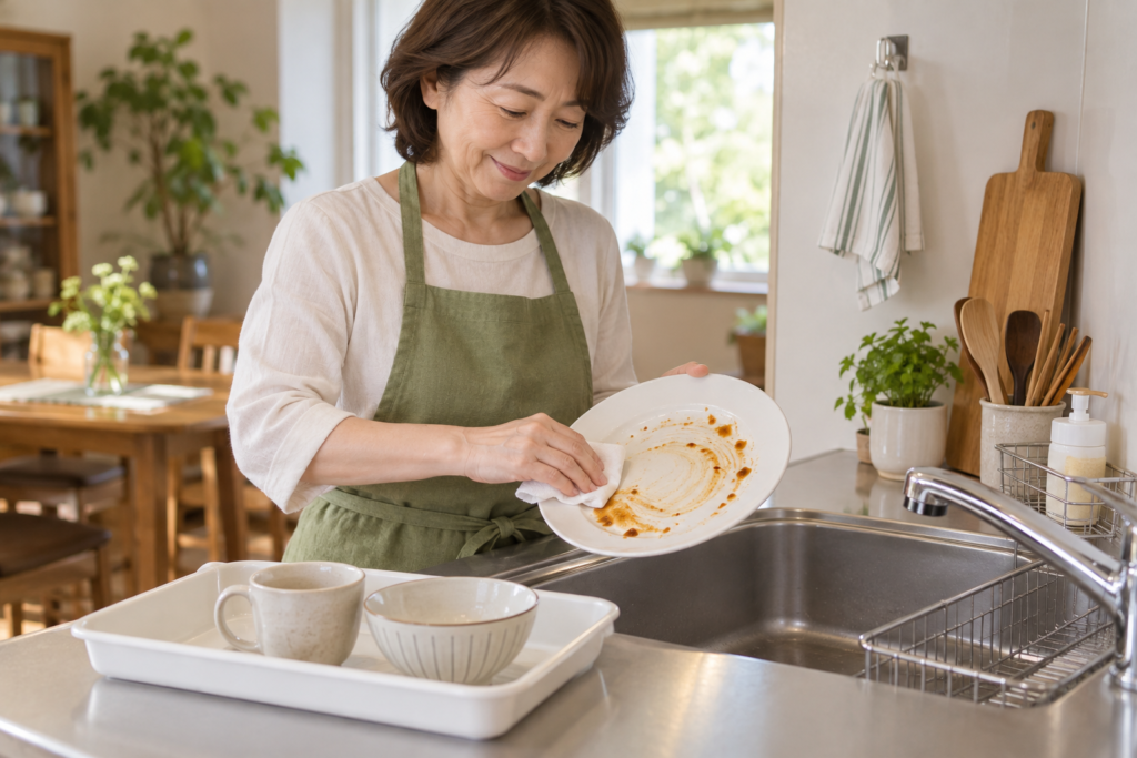 油汚れのあるお皿を拭き取ってほかの食器と分ける50代女性