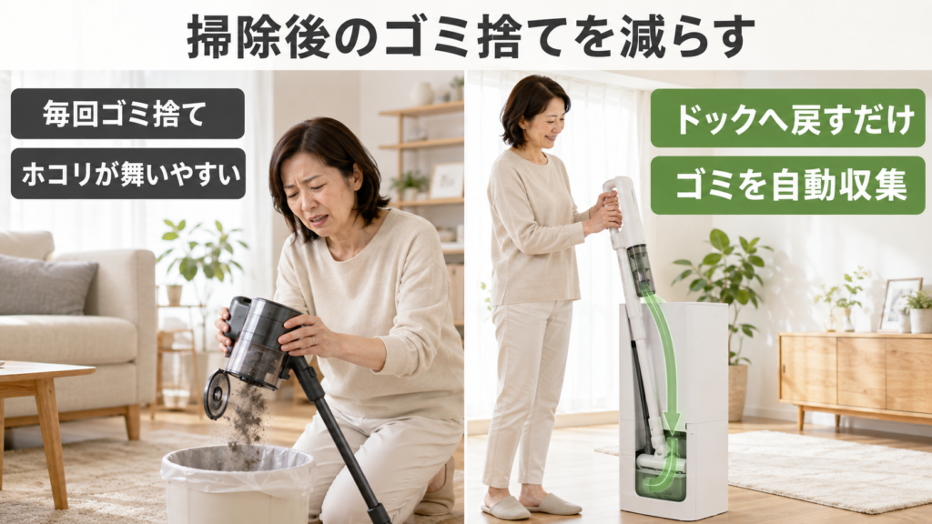 掃除のたびにゴミを捨てる場合と自動ゴミ収集ドックへ戻す場合の比較