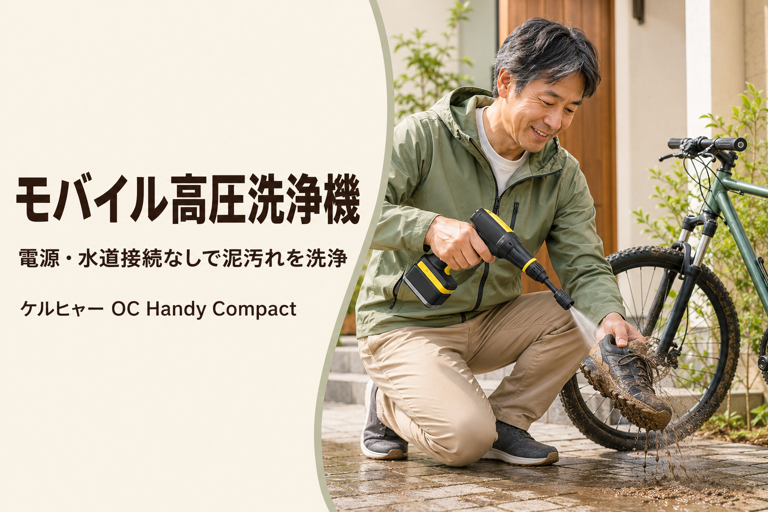 ケルヒャー OC Handy Compactで泥の付いた靴を洗う50代男性
