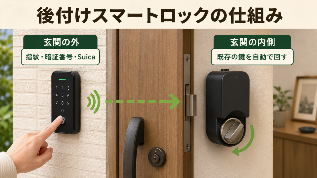 玄関外の指紋認証パッドと室内側の後付けスマートロックが連動する仕組み