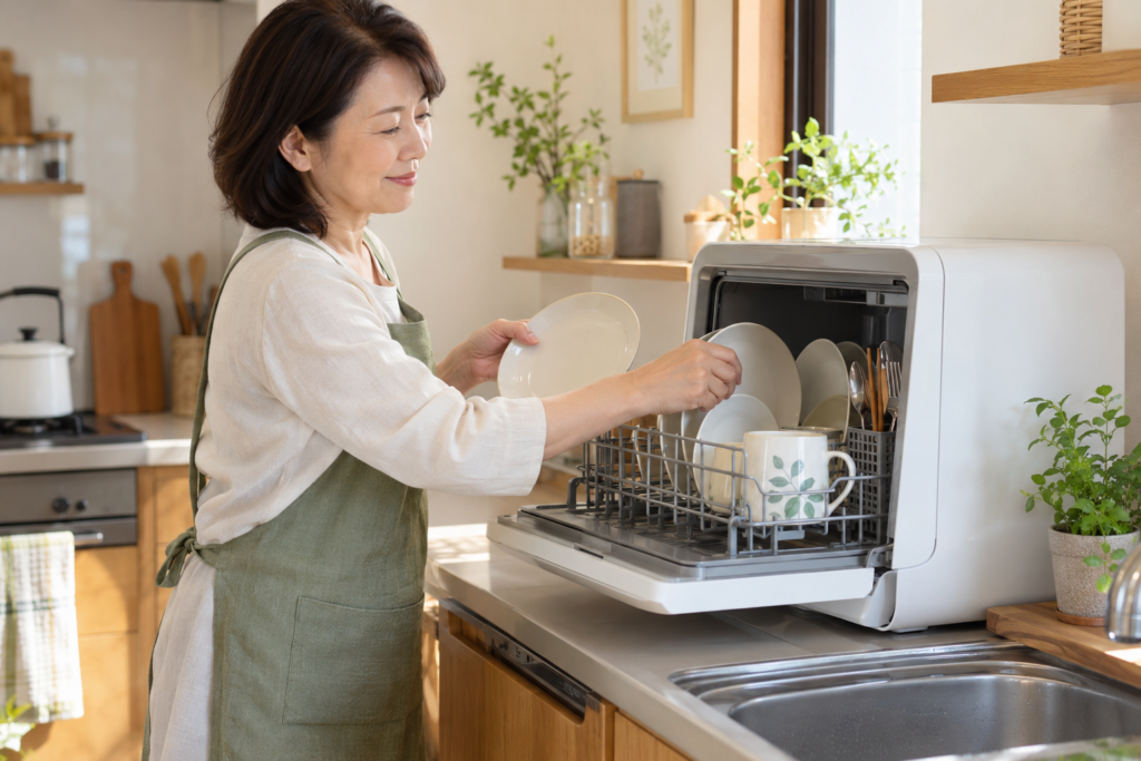 卓上食洗機へ食器を入れる50代女性