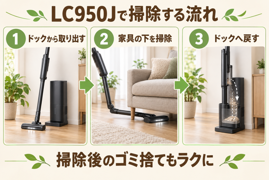 Shark ActiClean LC950Jをドックから取り出して家具の下を掃除し、戻すまでの流れ