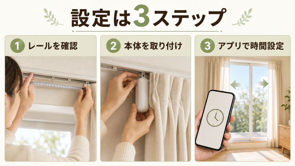 カーテンレールを確認してSwitchBot カーテン3を取り付けアプリで時間設定する流れ