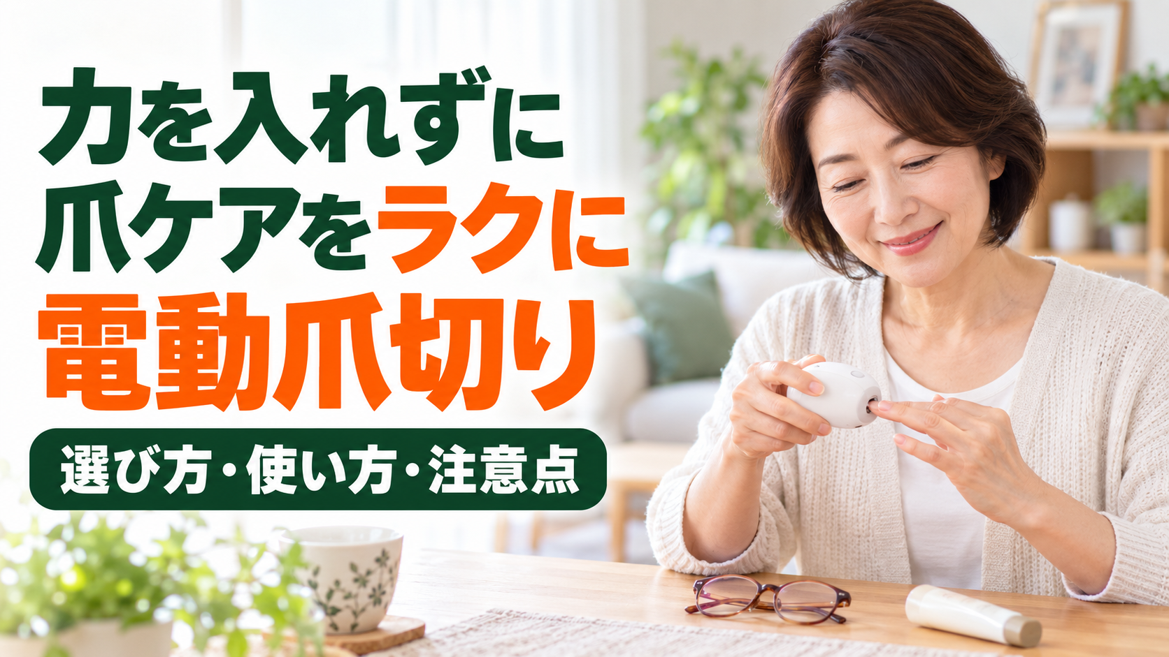 電動爪切りで手の爪をやさしく整える50代の女性