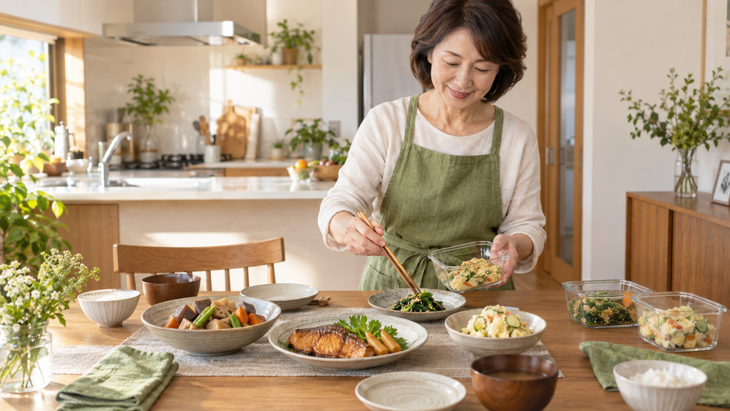 冷蔵で届いた手作りのおかずを食卓の器に盛り付ける50代女性