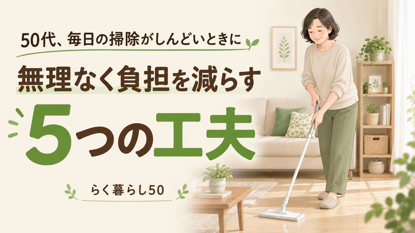 フロアワイパーで掃除する50代女性と、掃除の負担を減らす5つの工夫を紹介する文字