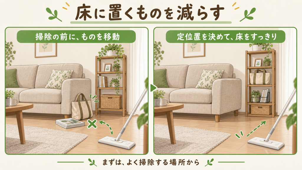 床にバッグや雑誌がある状態と、棚に収納して掃除しやすくした状態の比較