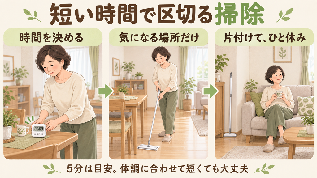 時間を決め、気になる場所だけ掃除し、道具を片付けて休むまでの3つの場面