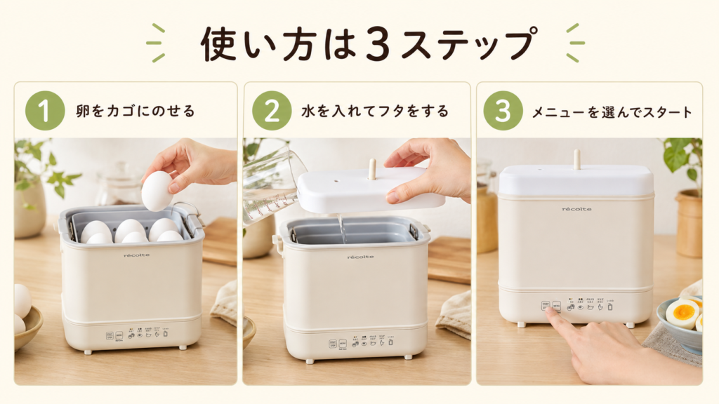 レコルト REB-1に卵と水を入れてメニューを選ぶ3つの使い方