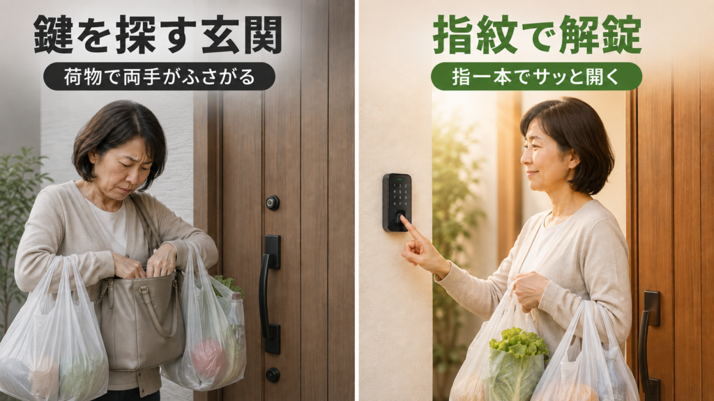 玄関で鍵を探す場合と指紋認証で解錠する場合の比較