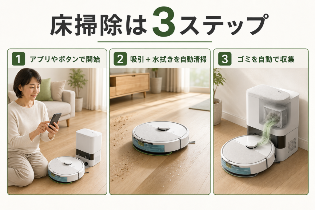 Roomba 105 Comboで床掃除を開始して自動ゴミ収集するまでの3ステップ