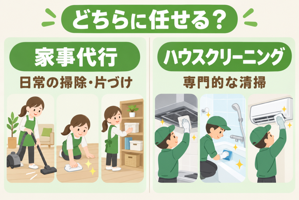 日常の掃除や片づけを行う家事代行と専門的な清掃を行うハウスクリーニングの比較