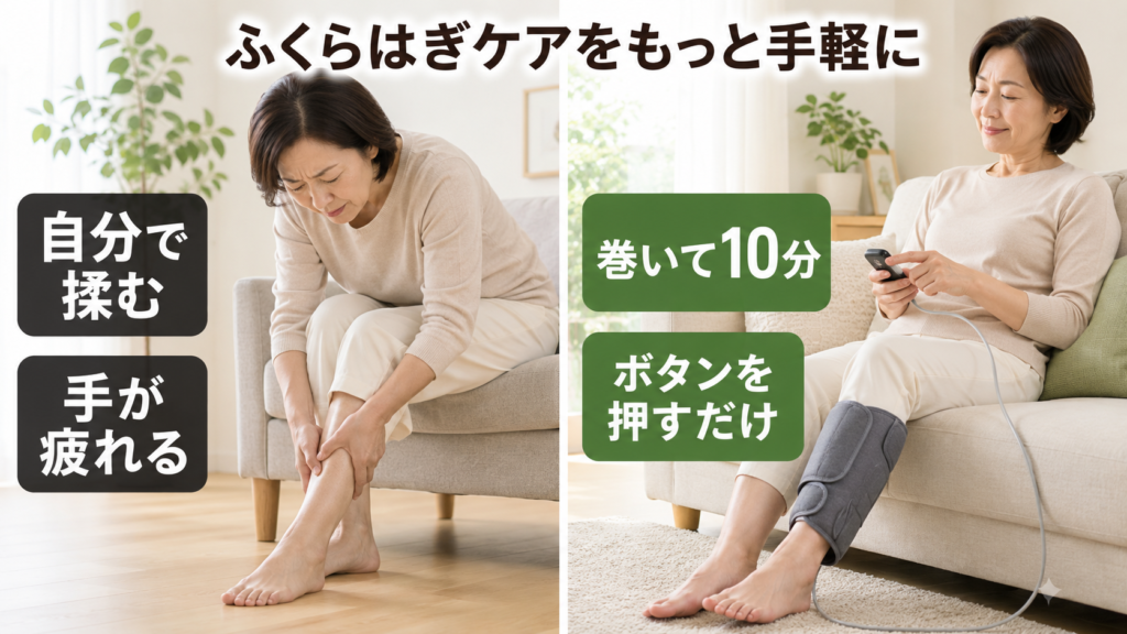 ふくらはぎを自分で揉む場合と巻くケア用品を使う場合の比較