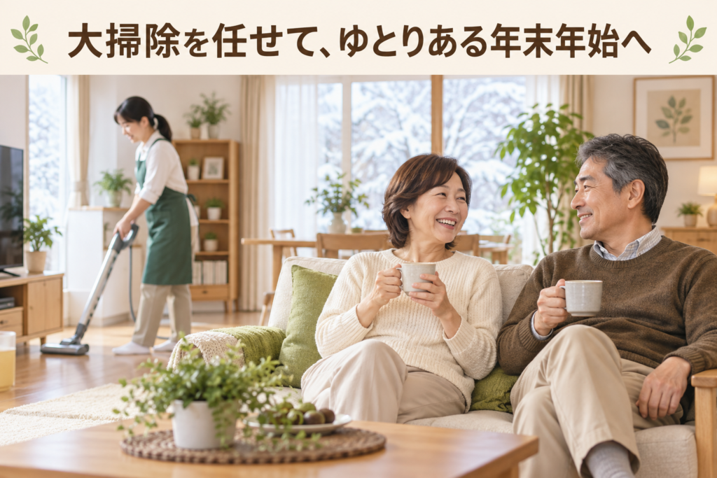 家事代行に掃除を任せ、リビングでゆっくり過ごす50代夫婦