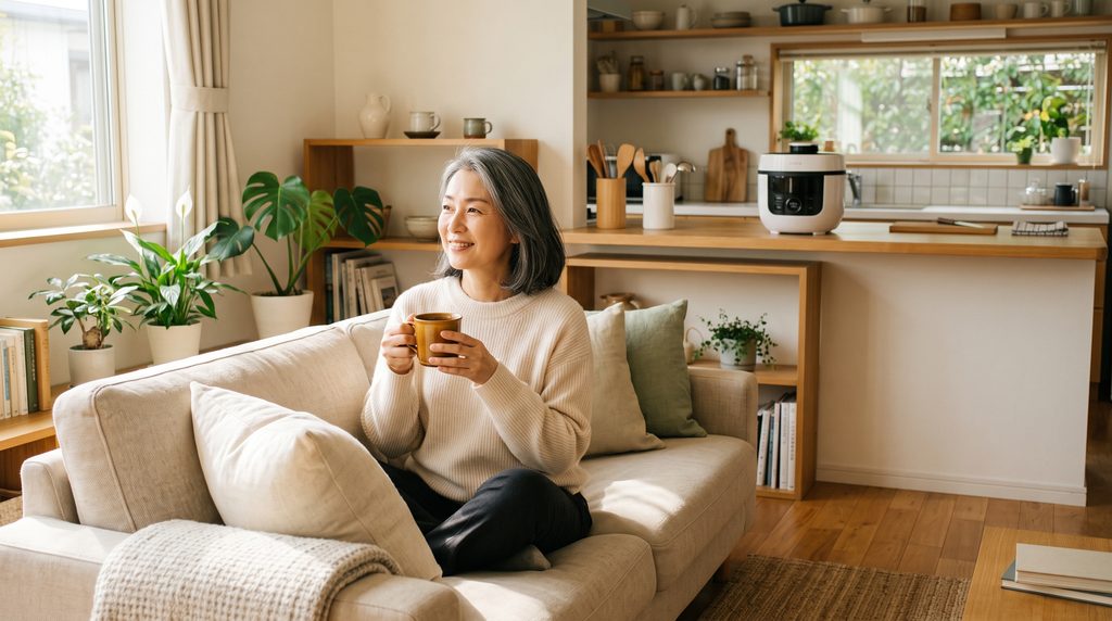 シロカ おうちシェフ PROで調理中にリビングでゆっくり過ごす50代女性