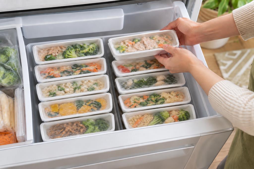 冷凍庫に10食分の冷凍おかずを収納する様子