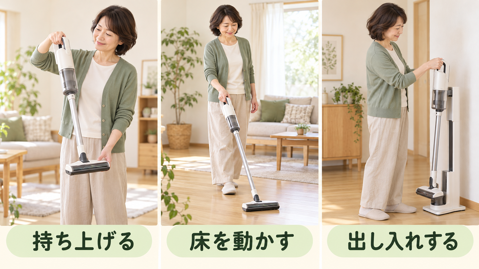 掃除機を持ち上げる、床で動かす、充電スタンドから出し入れする、3つの確認動作のイメージ