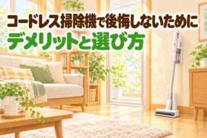 コードレス掃除機で後悔しないためのデメリットと選び方を紹介する記事のアイキャッチ