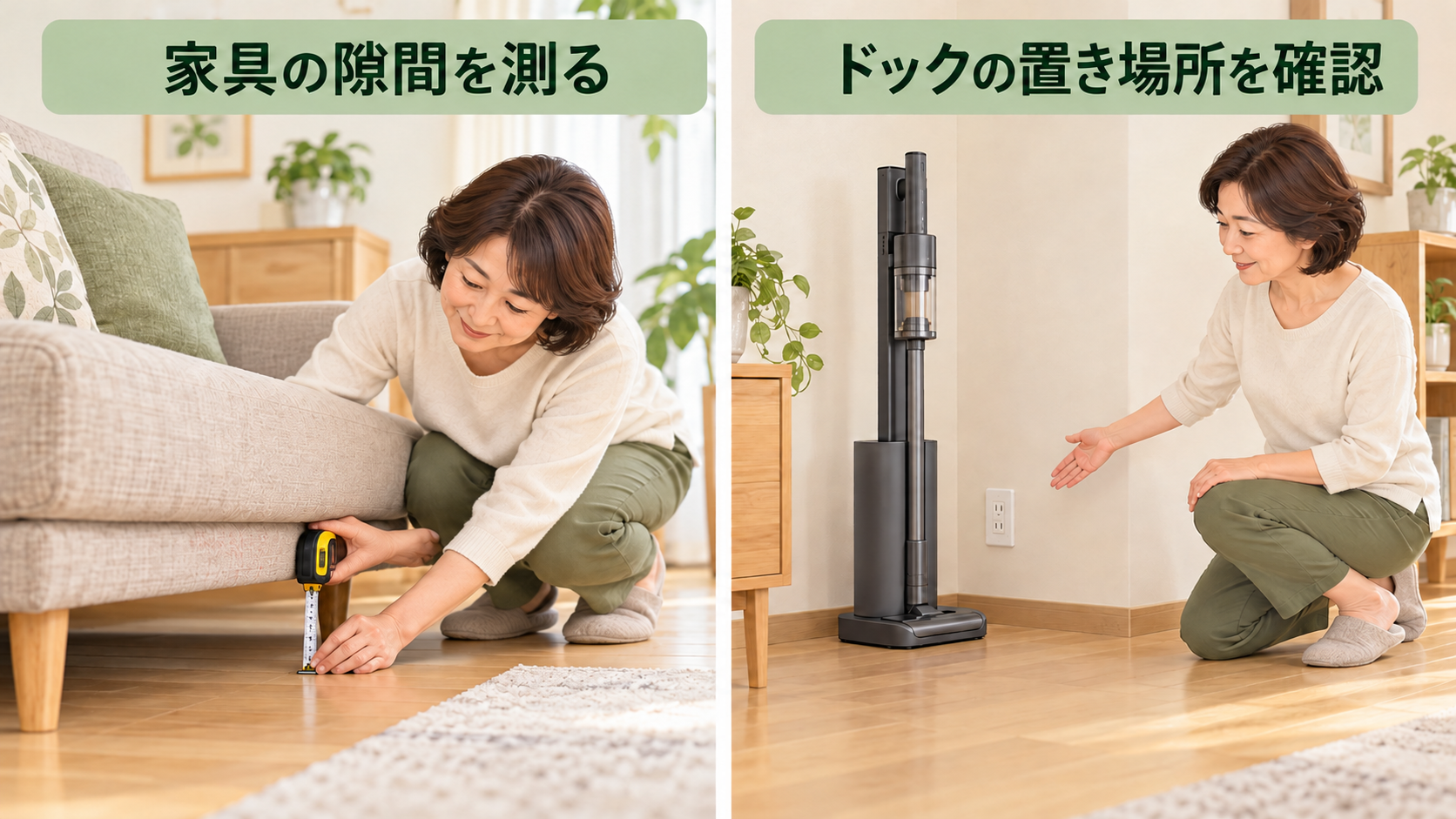 ソファの下の高さをメジャーで測り、コンセント近くの自動ゴミ収集ドックの置き場所を確認するイメージ