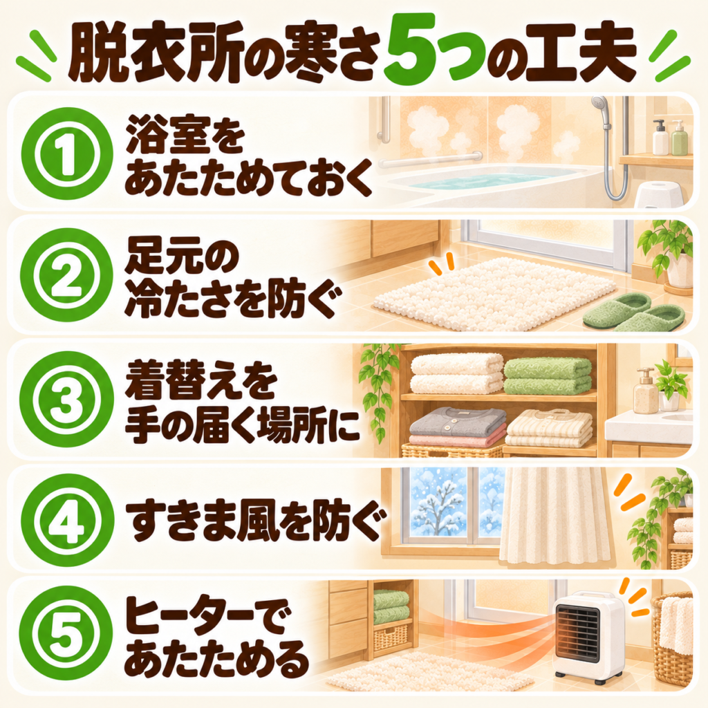 脱衣所の寒さをやわらげる5つの工夫をまとめた図