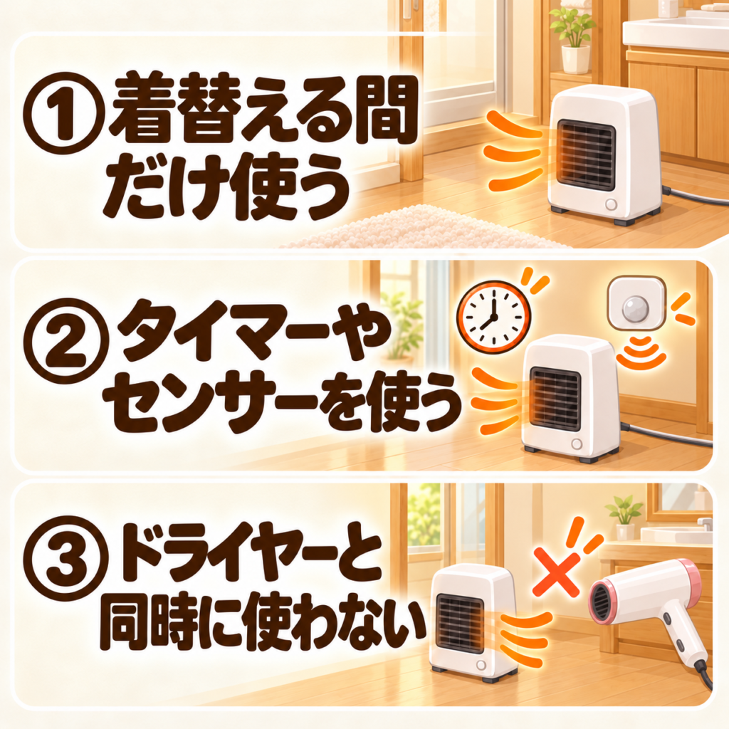 脱衣所ヒーターをむだなく使う3つの工夫をまとめた図