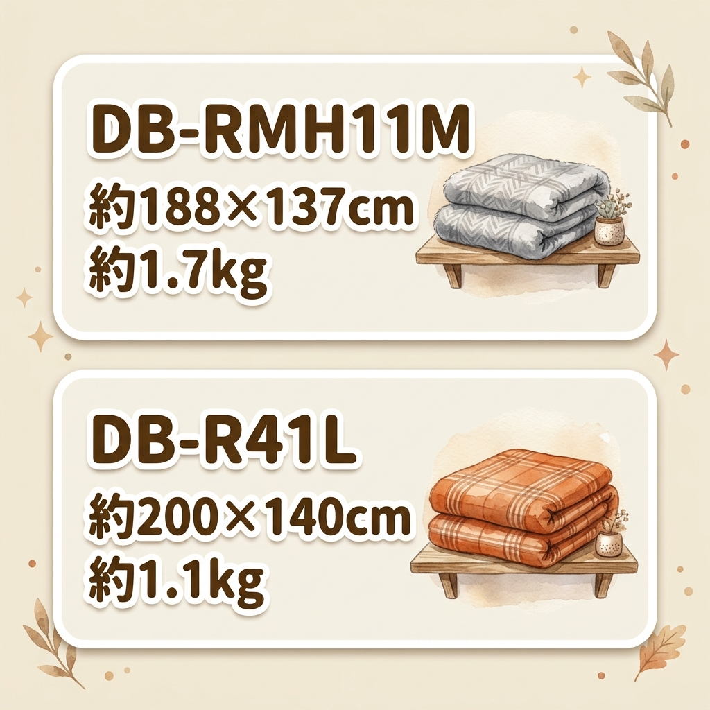 DB-RMH11Mは約188×137cm・約1.7kg、DB-R41Lは約200×140cm・約1.1kgと比較した図