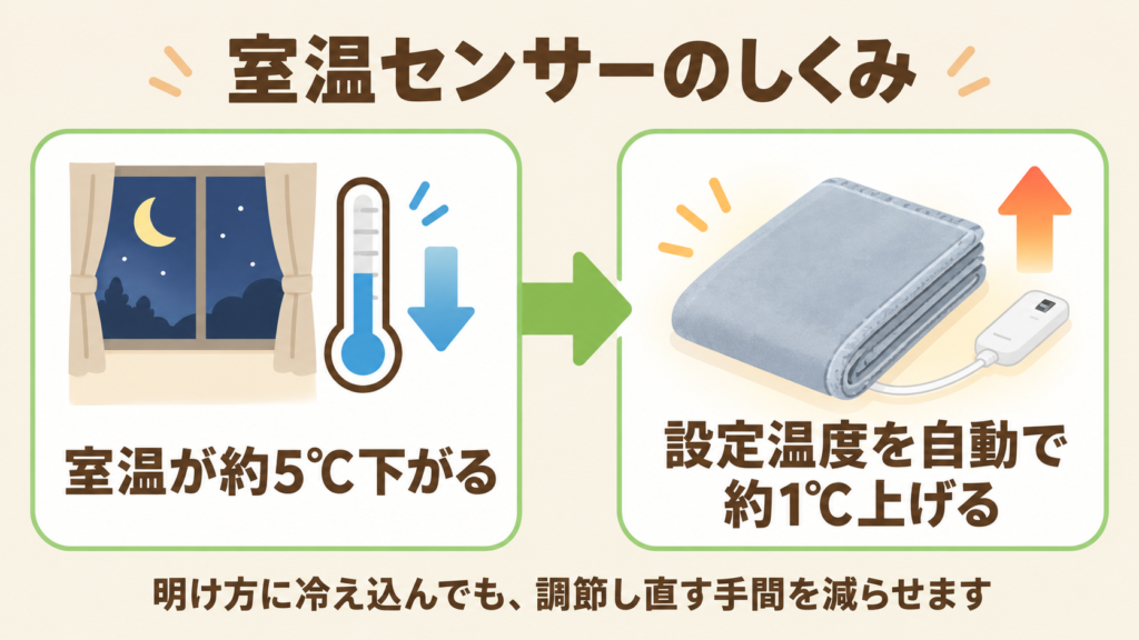 室温が下がると電気毛布の設定温度が自動で上がる、室温センサーのしくみ