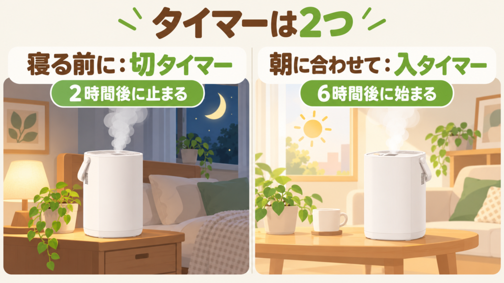 EE-RV50の切タイマー2時間と入タイマー6時間の使い方を表した図
