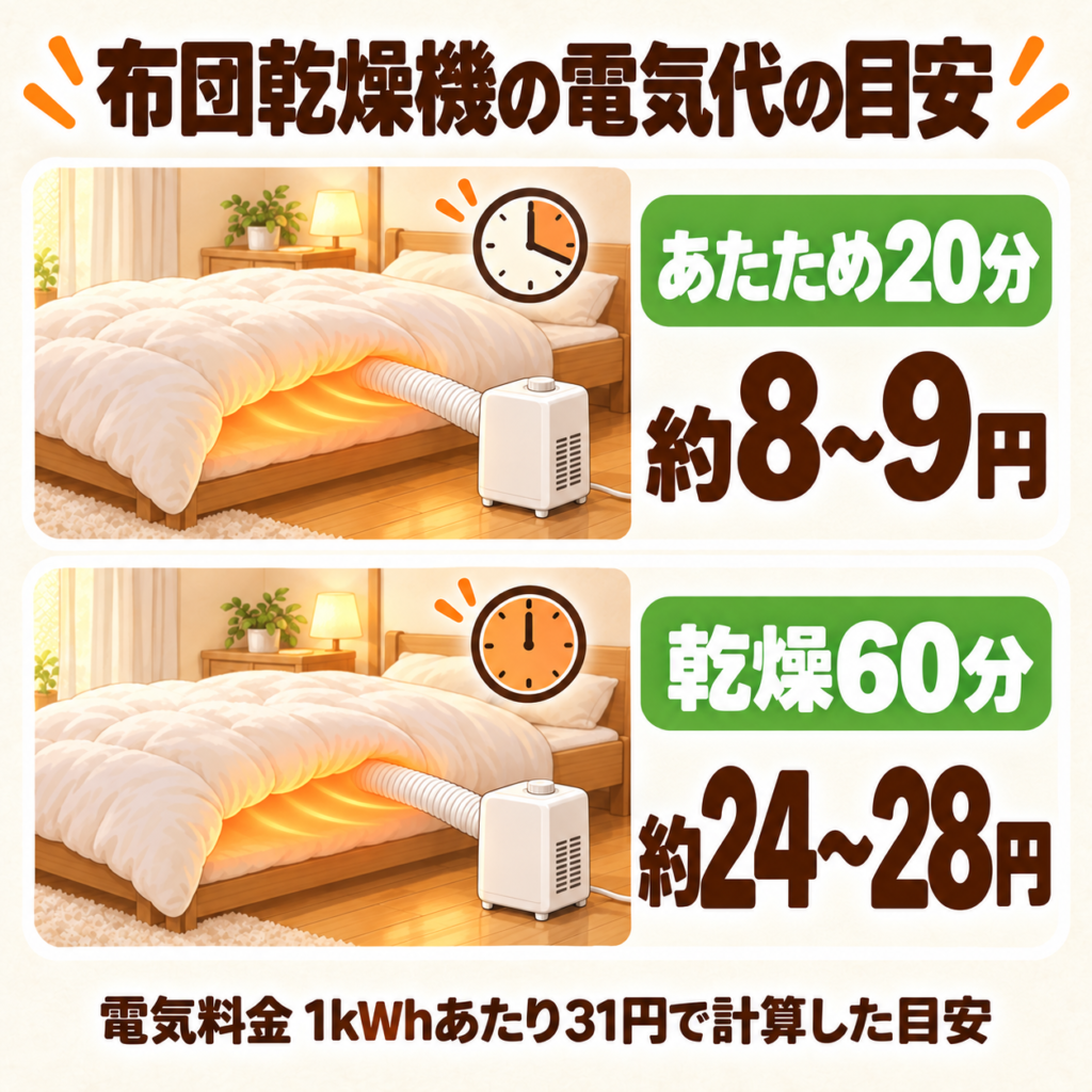 布団乾燥機の電気代の目安をまとめた図