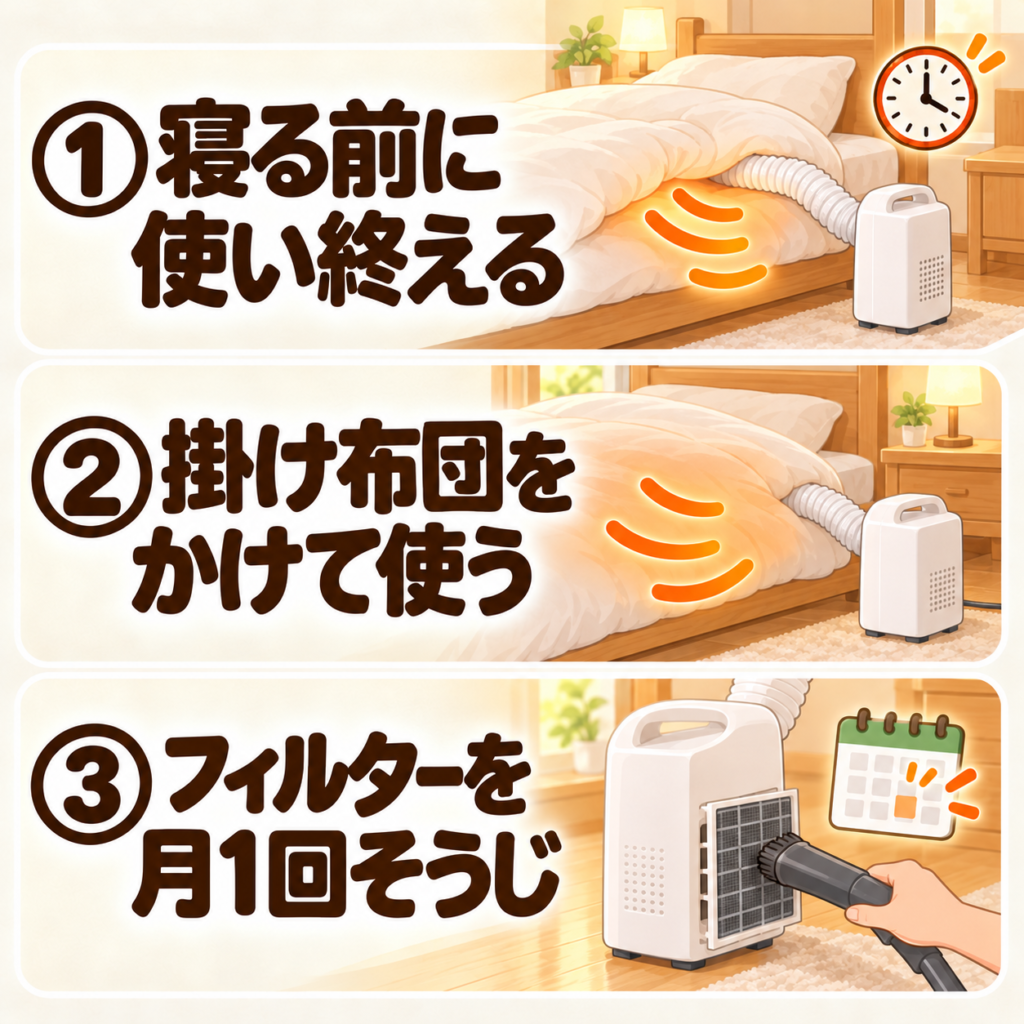 布団乾燥機を上手に使う3つの工夫をまとめた図