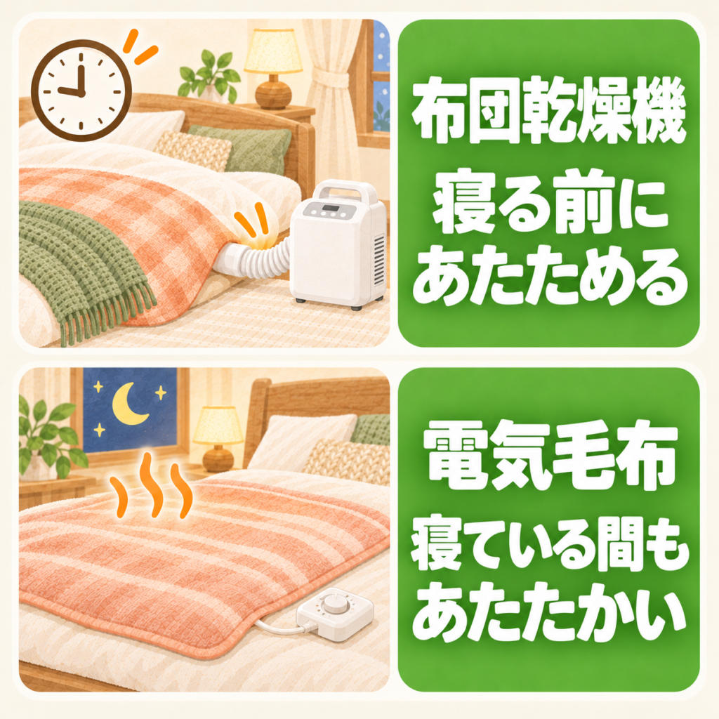 布団乾燥機と電気毛布の違いをまとめた図